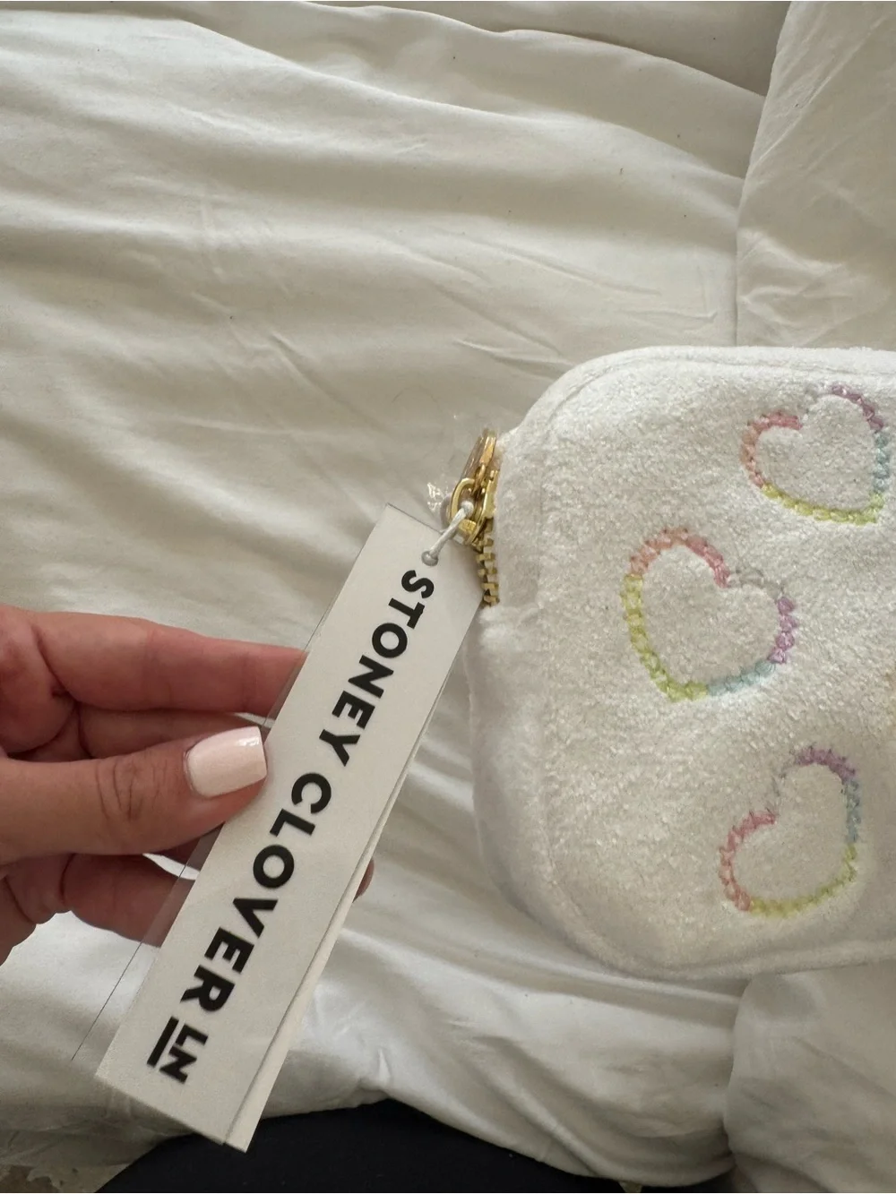 Stoney Clover Lane White Plush Cosmetic Pouch with Pastel Rainbow Hearts